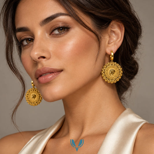 Gold Vintage Medallion Hoop Drop Earrings