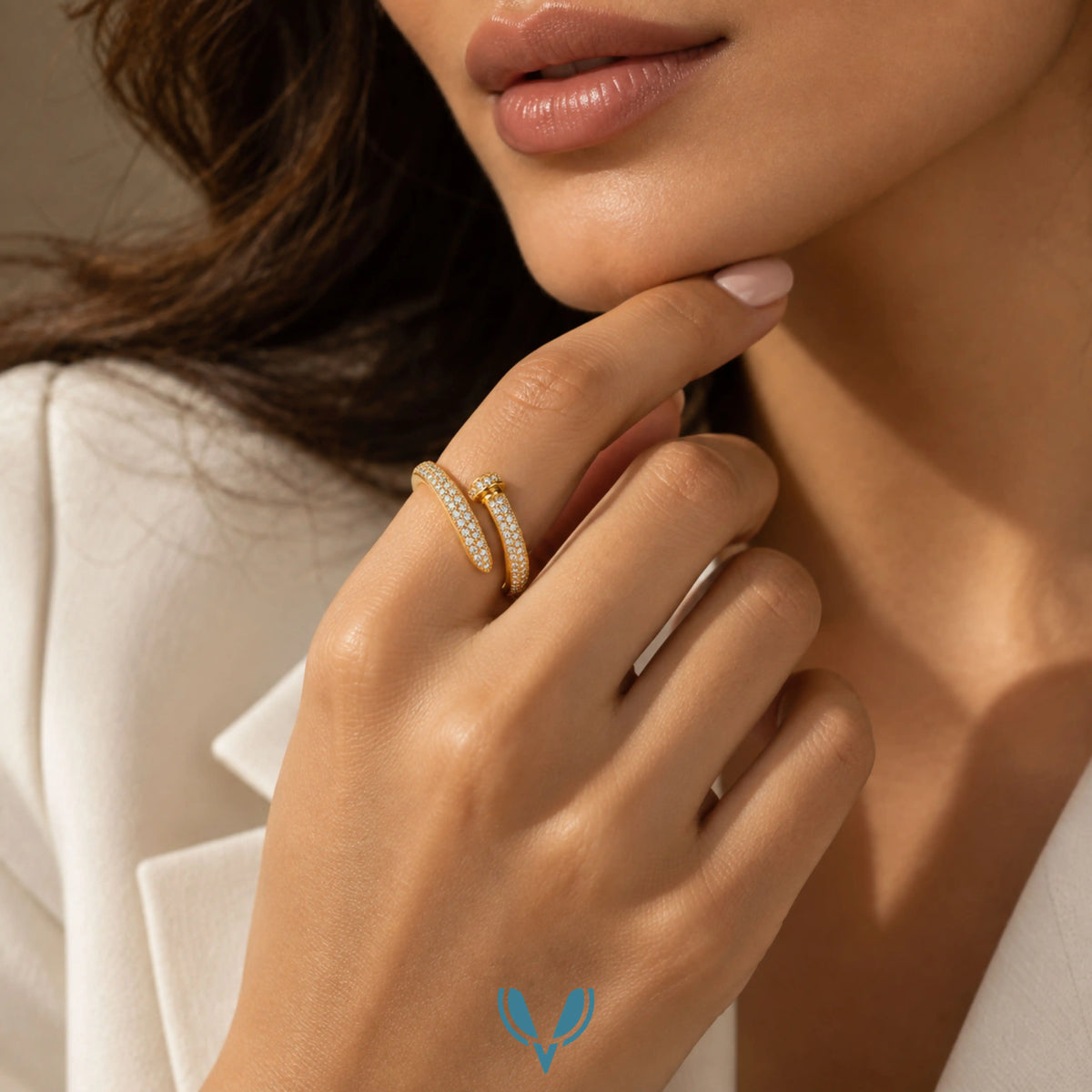 Gold Nail-Inspired CZ Wrap Ring