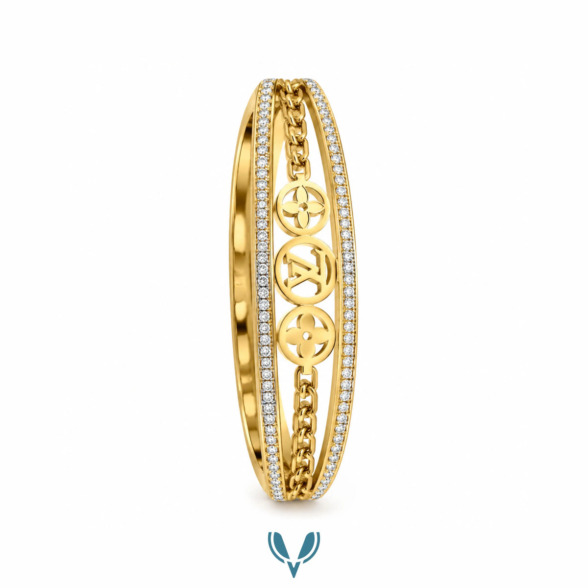 Gold Monogram CZ Chain Bangle Bracelet