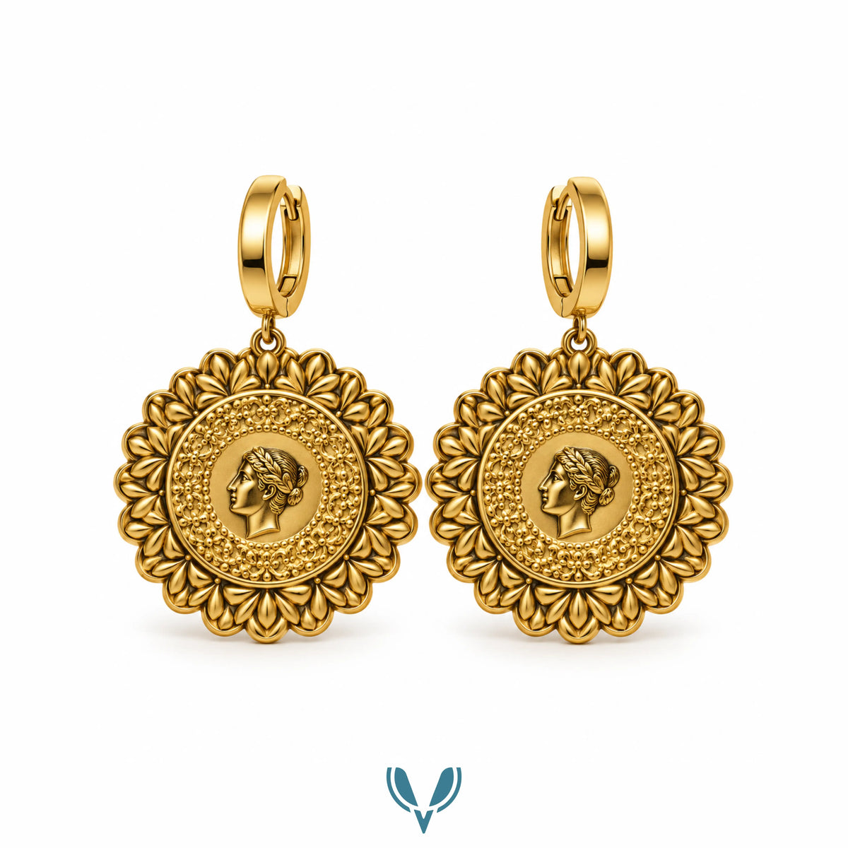 Gold Vintage Medallion Hoop Drop Earrings