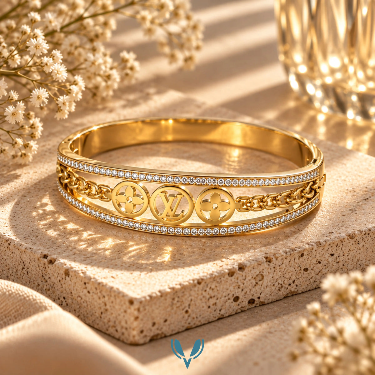 Gold Monogram CZ Chain Bangle Bracelet