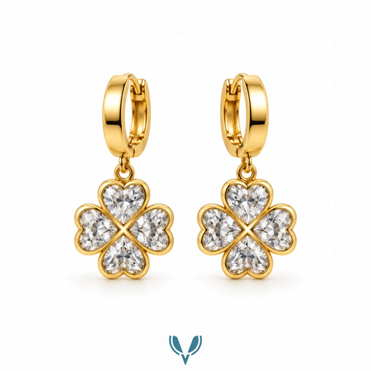 Gold Four Leaf Clover Hoop Drop Earrings
