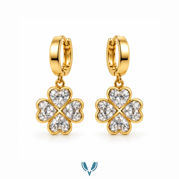 Gold Four Leaf Clover Hoop Drop Earrings