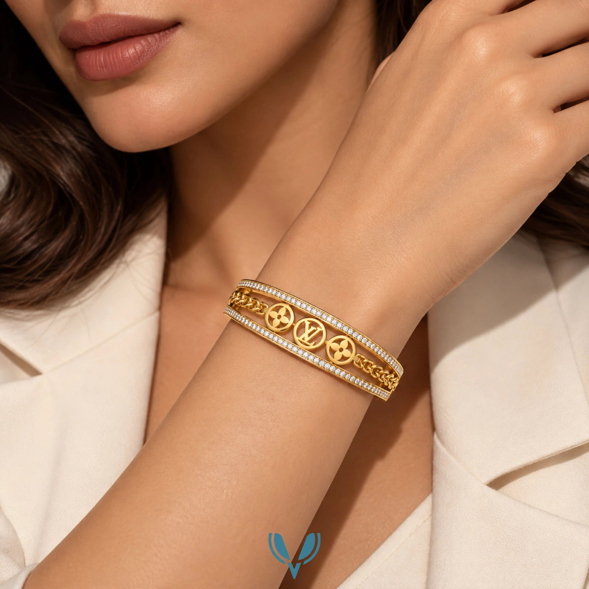 Gold Monogram CZ Chain Bangle Bracelet