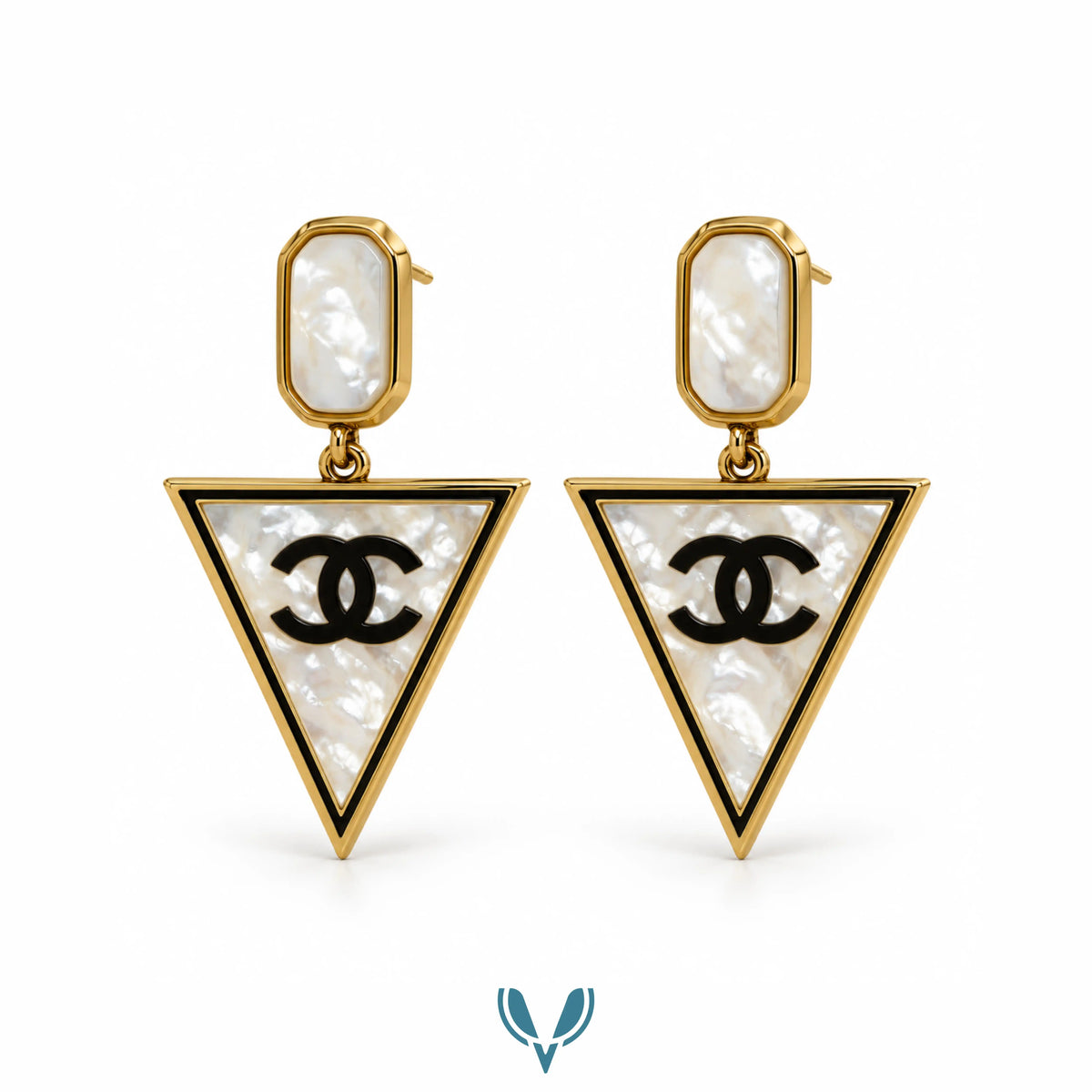 Gold & White Mother of Pearl Triangle Drop Earrings