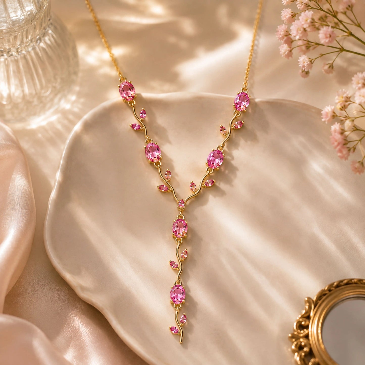 Pink CZ Floral Necklace