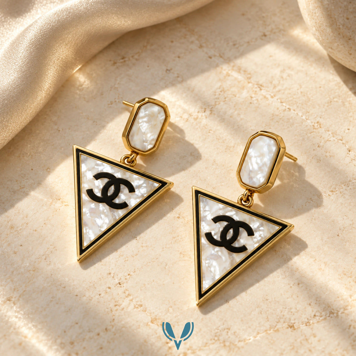 Gold & White Mother of Pearl Triangle Drop Earrings