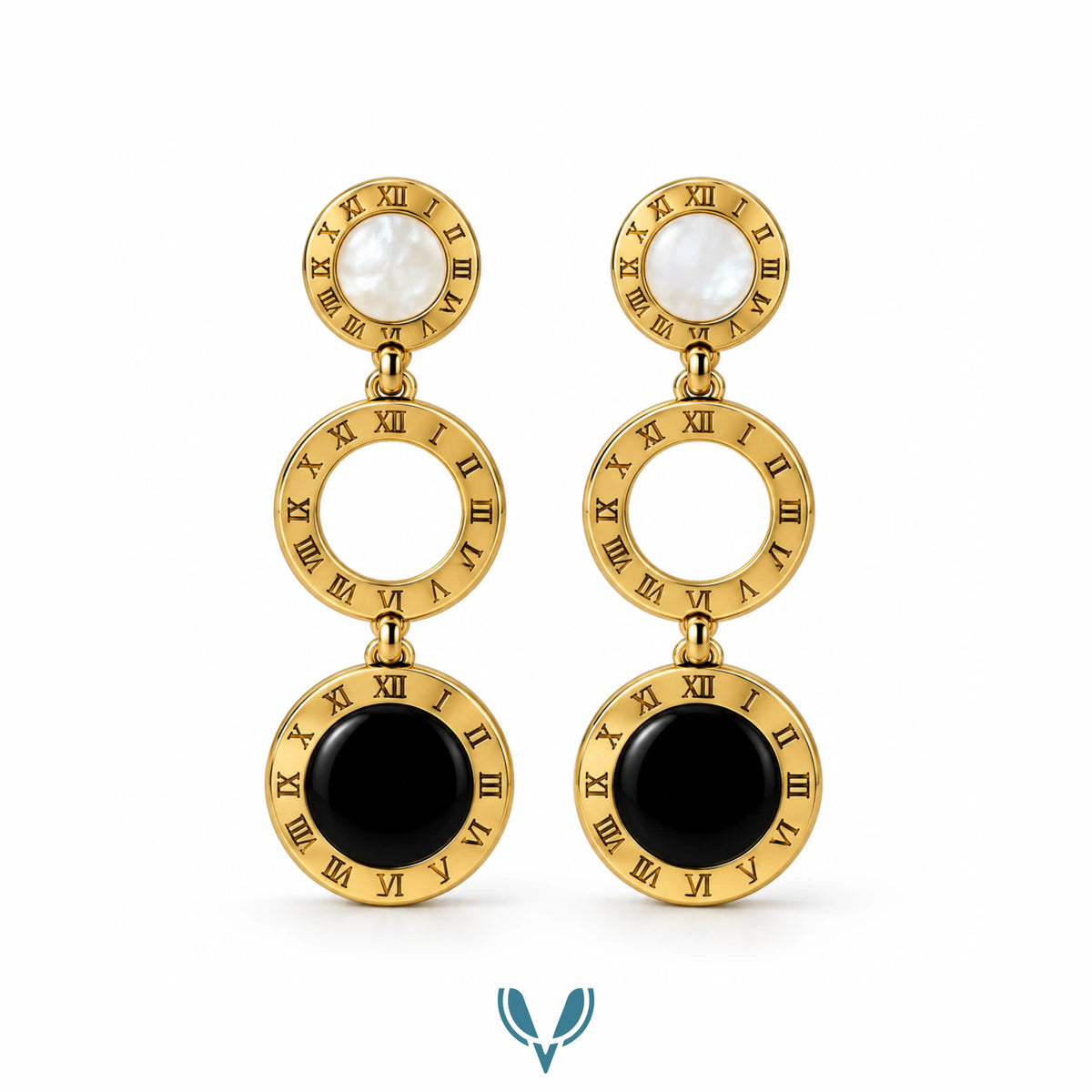 Gold Roman Numeral Black & Mother of Pearl Drop Earrings