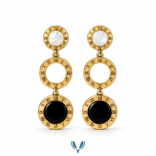Gold Roman Numeral Black & Mother of Pearl Drop Earrings