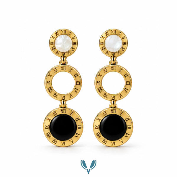 Gold Roman Numeral Black & Mother of Pearl Drop Earrings