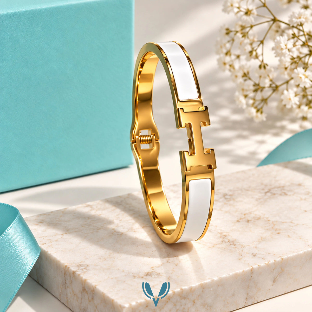 Gold H-Motif White Enamel Bracelet