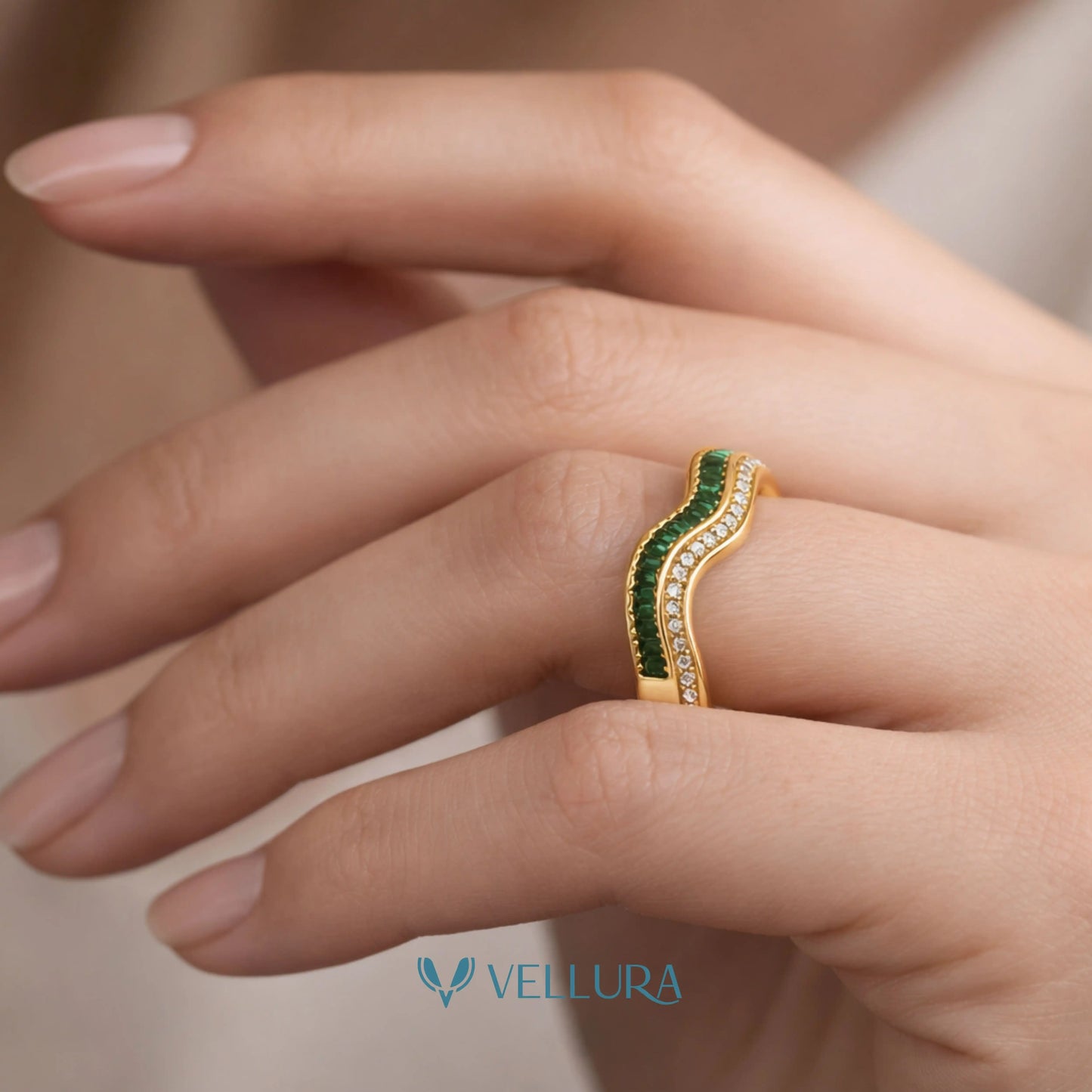 Wave Ring with Emerald & White Zircon