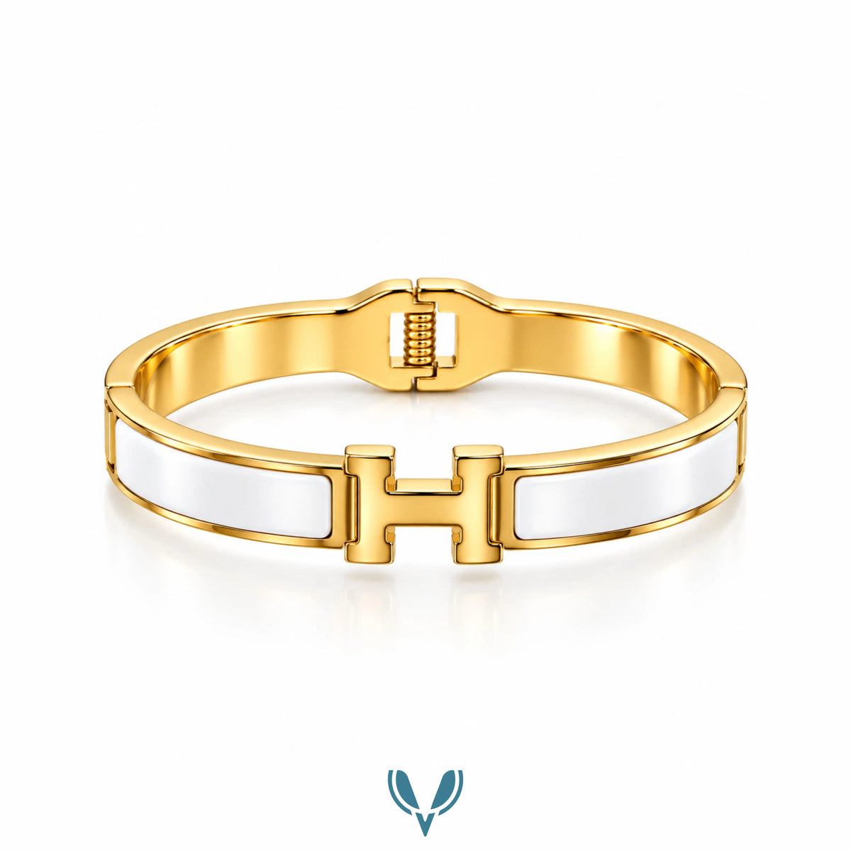 Gold H-Motif White Enamel Bracelet