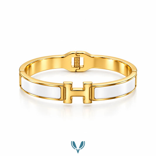 Gold H-Motif White Enamel Bracelet