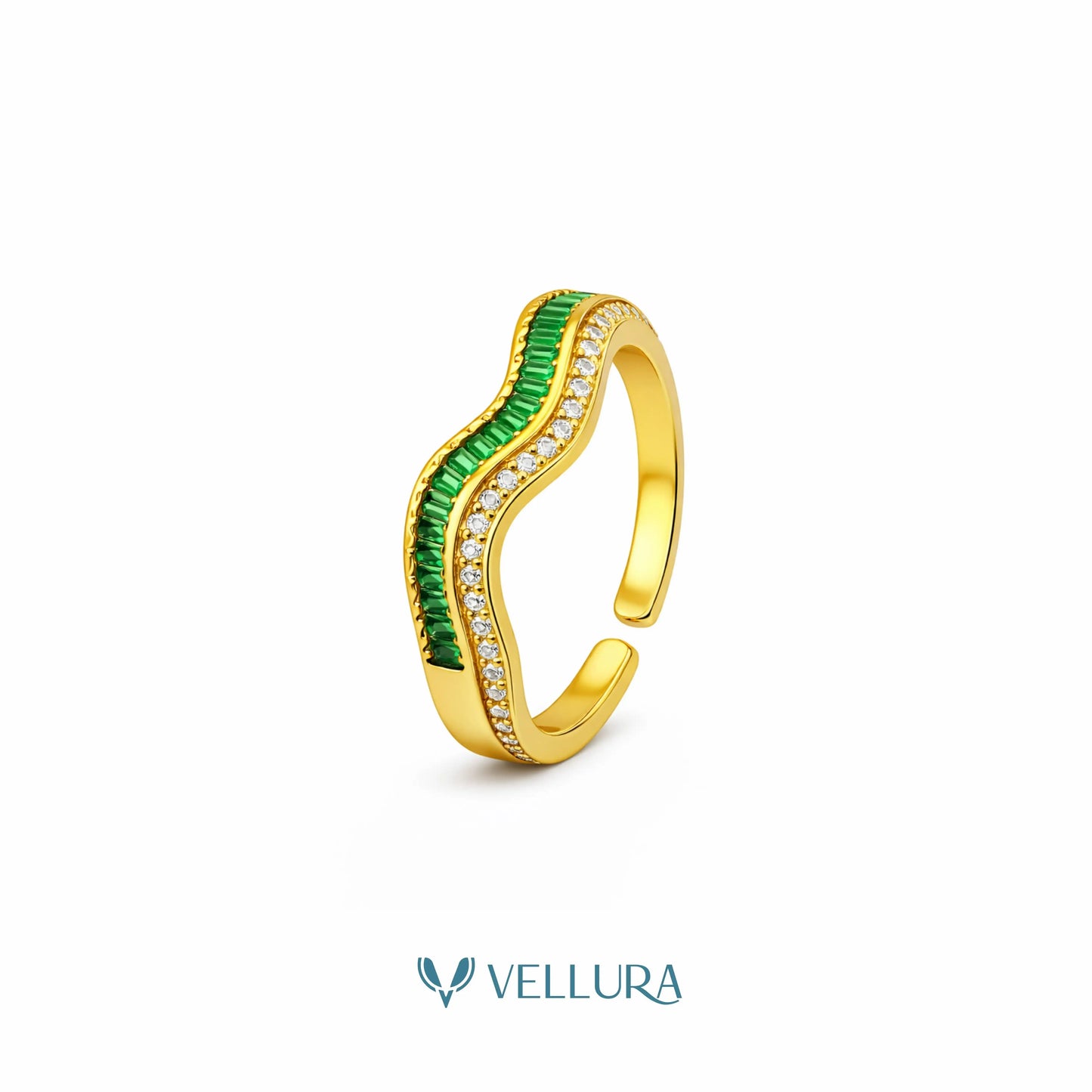 Wave Ring with Emerald & White Zircon
