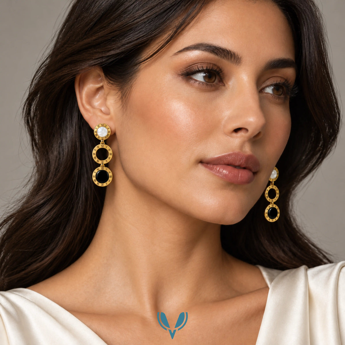 Gold Roman Numeral Black & Mother of Pearl Drop Earrings
