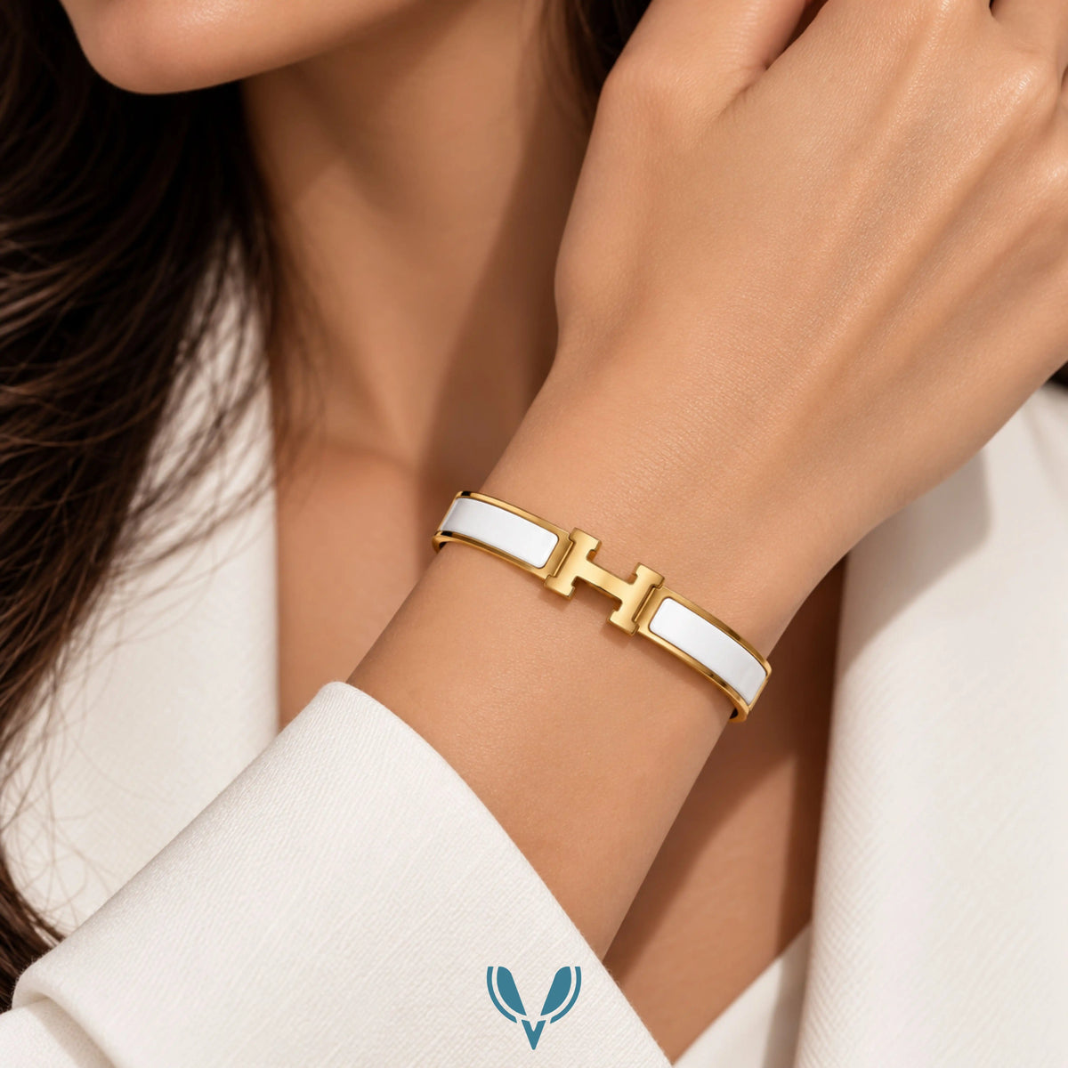 Gold H-Motif White Enamel Bracelet
