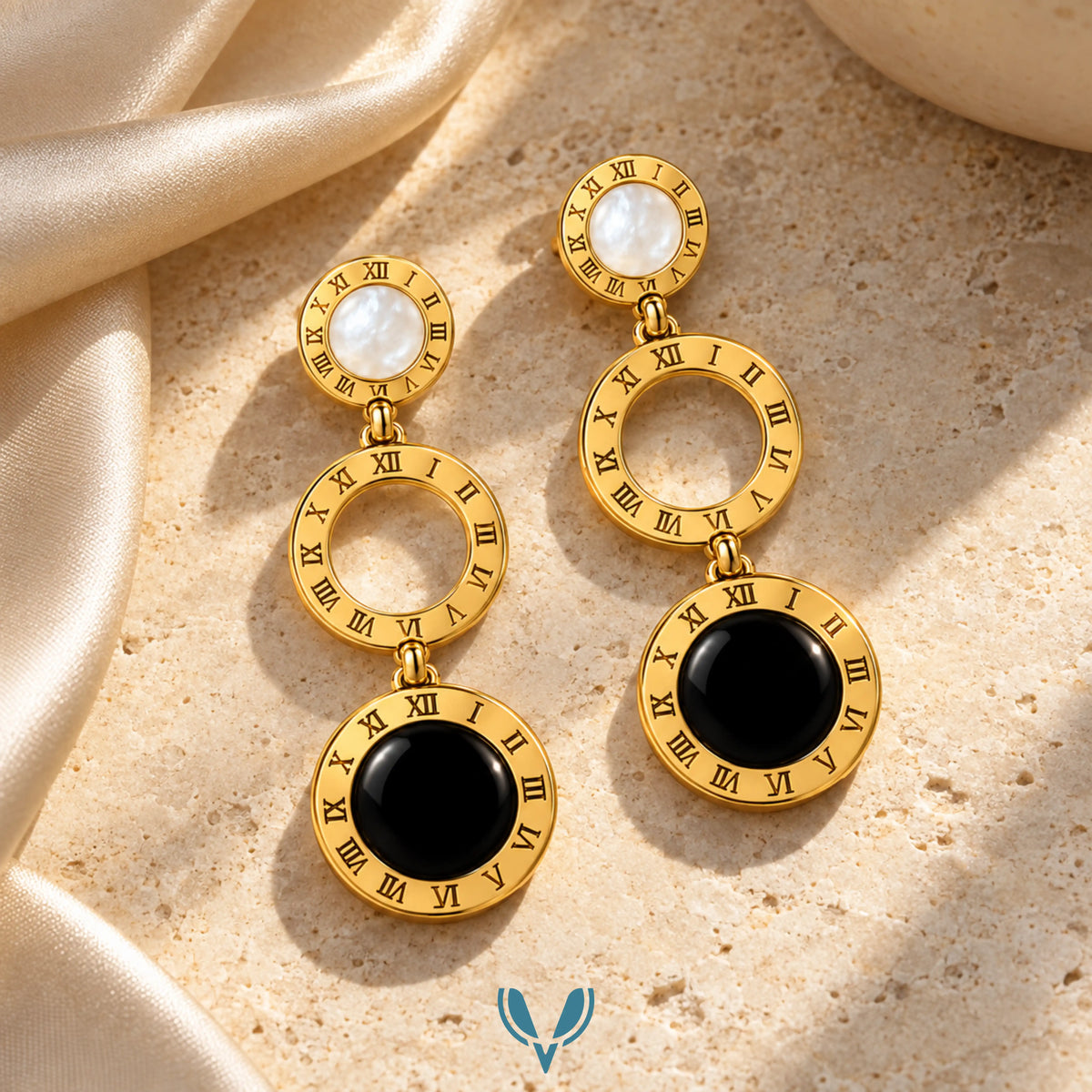 Gold Roman Numeral Black & Mother of Pearl Drop Earrings