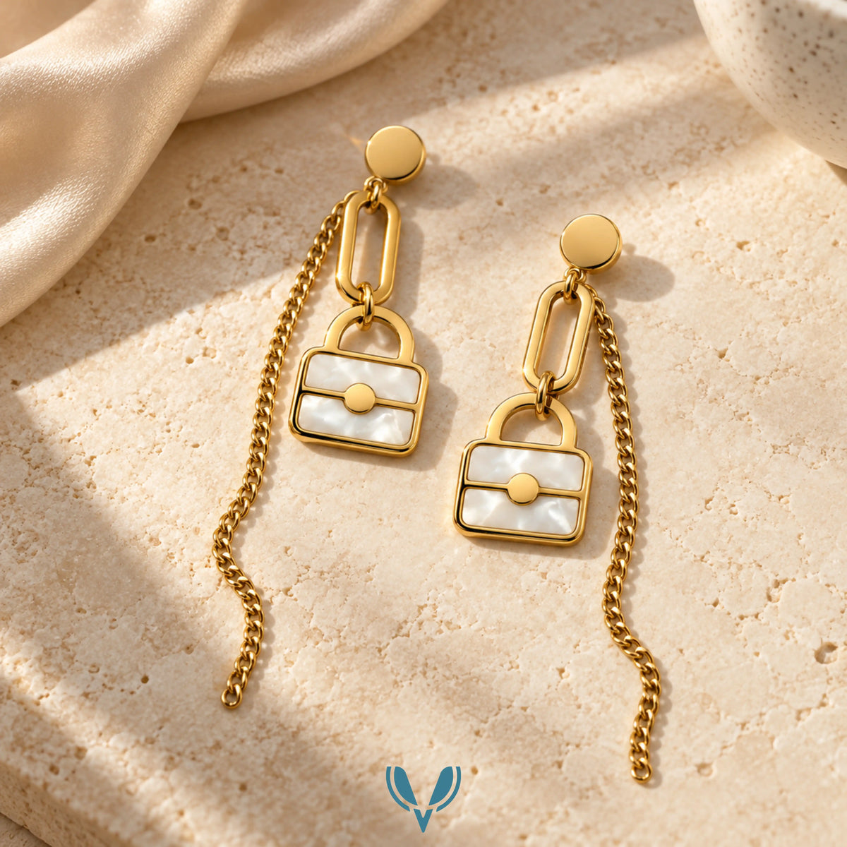 Gold Mother of Pearl Lock & Chain Drop Earrings