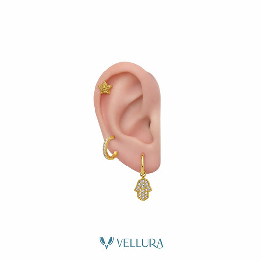 Earring Combo Set – Star Stud, Crystal Hoop & Hamsa Charm