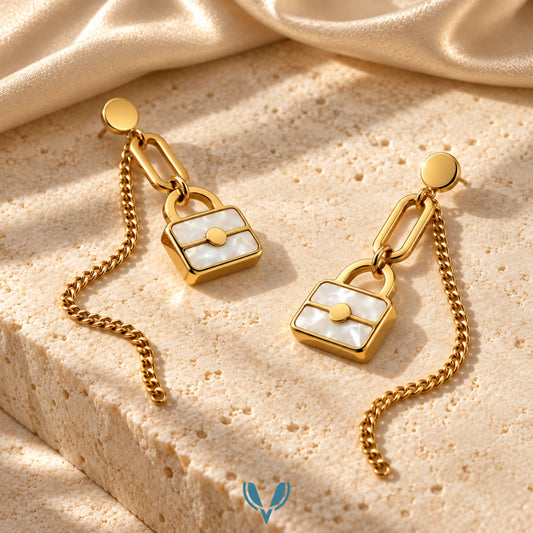 Gold Mother of Pearl Lock & Chain Drop Earrings