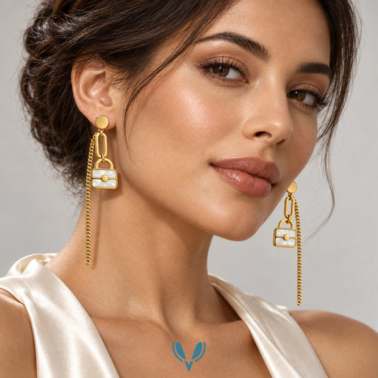 Gold Mother of Pearl Lock & Chain Drop Earrings