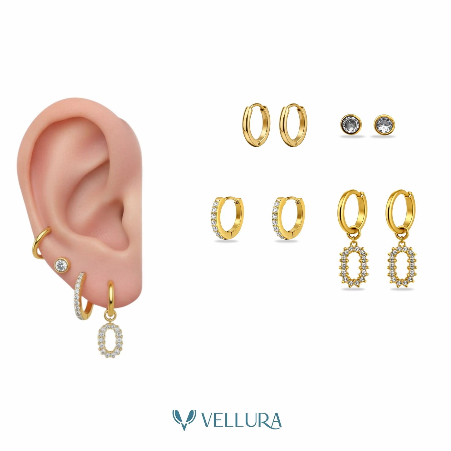 Hoop Earring Combo Set with Studs & Crystal Dangles