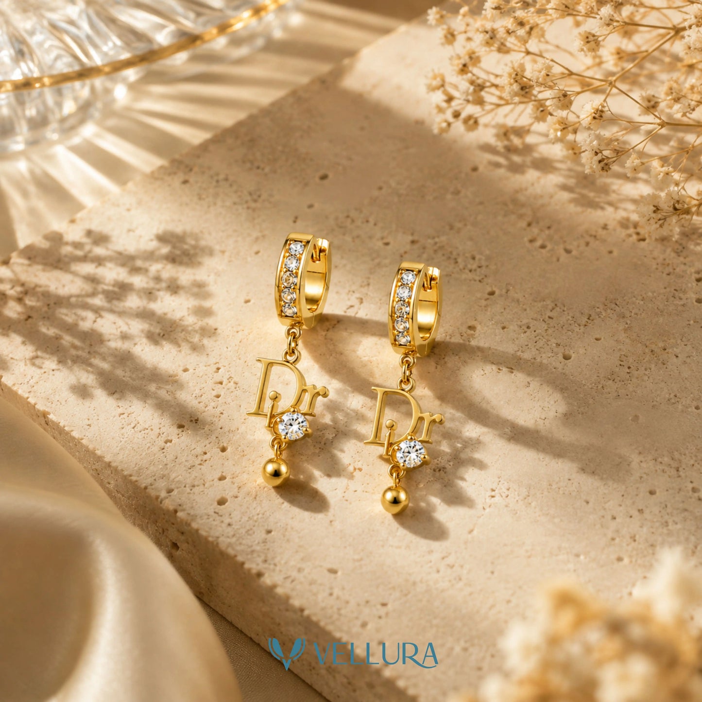 Dior' Inspired Gold Crystal Hoop Earrings
