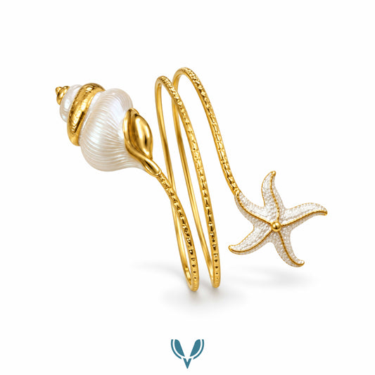 Gold Pearl Shell & Starfish Spiral Arm Cuff
