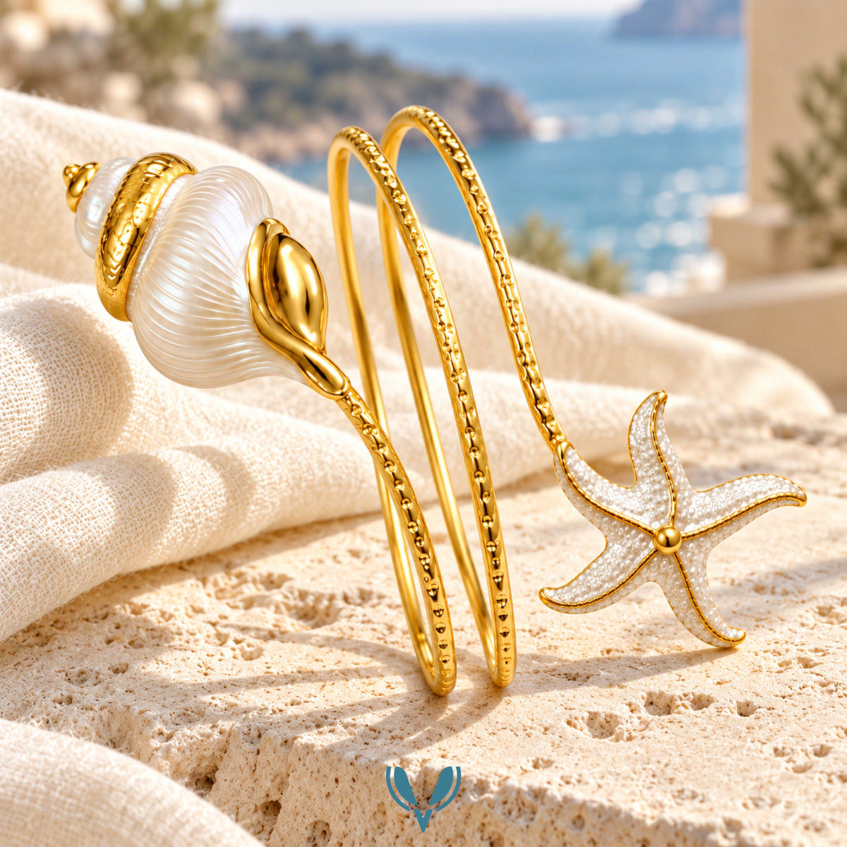 Gold Pearl Shell & Starfish Spiral Arm Cuff