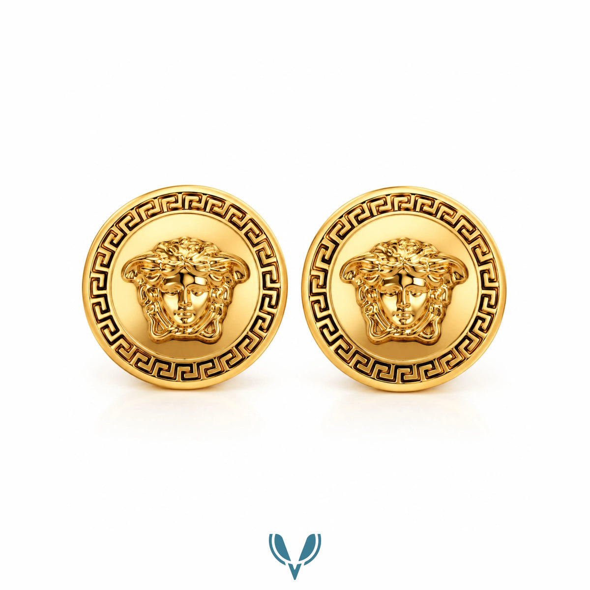 Gold Medusa Greek Key Stud Earrings