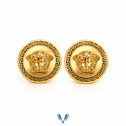 Gold Medusa Greek Key Stud Earrings
