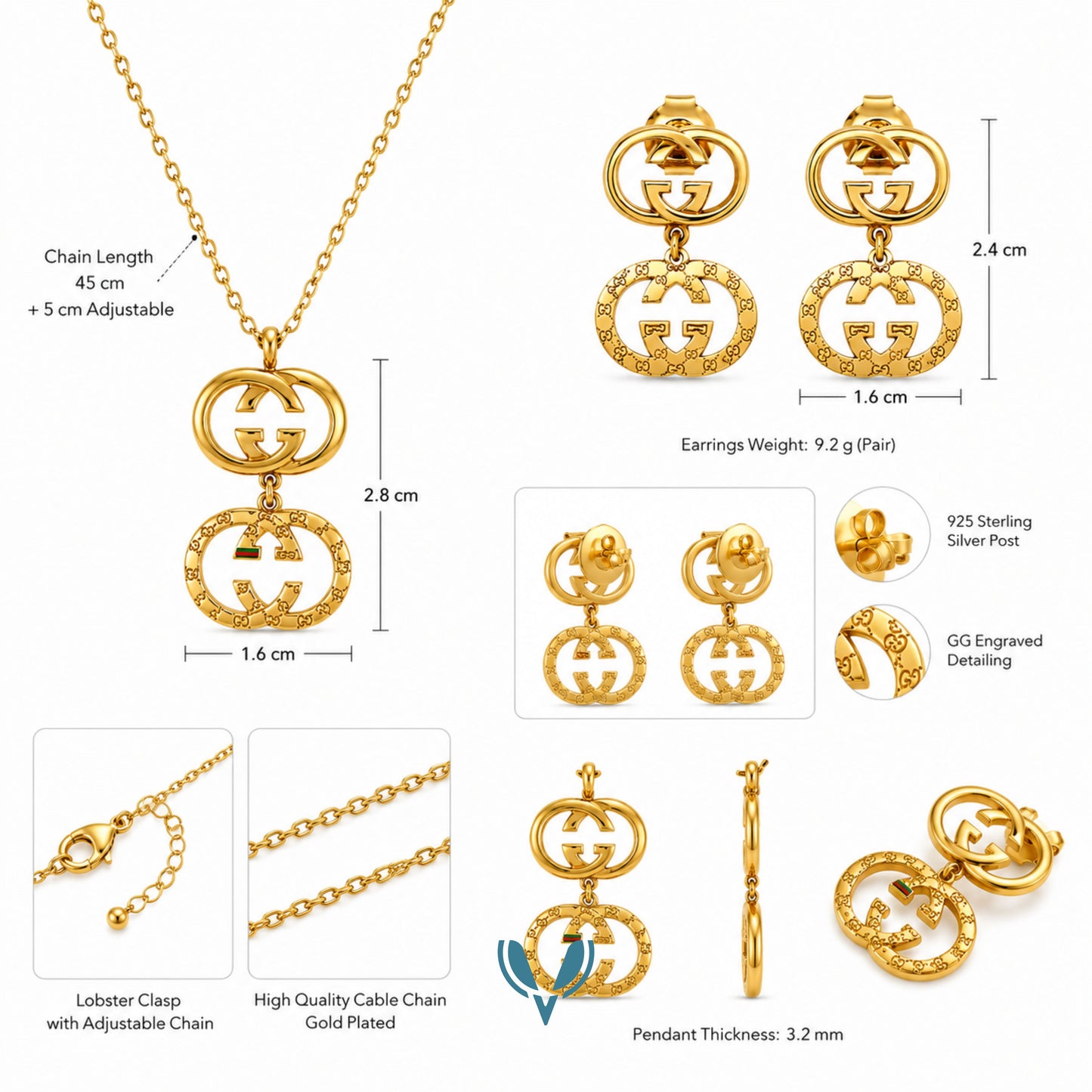 GG Inspired Necklace Set with Earrings Set