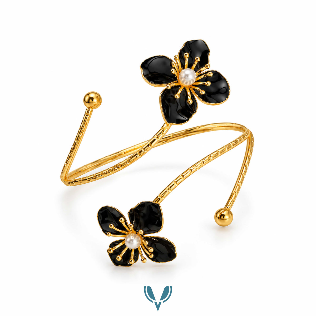 Gold Black Flower Pearl Spiral Arm Cuff
