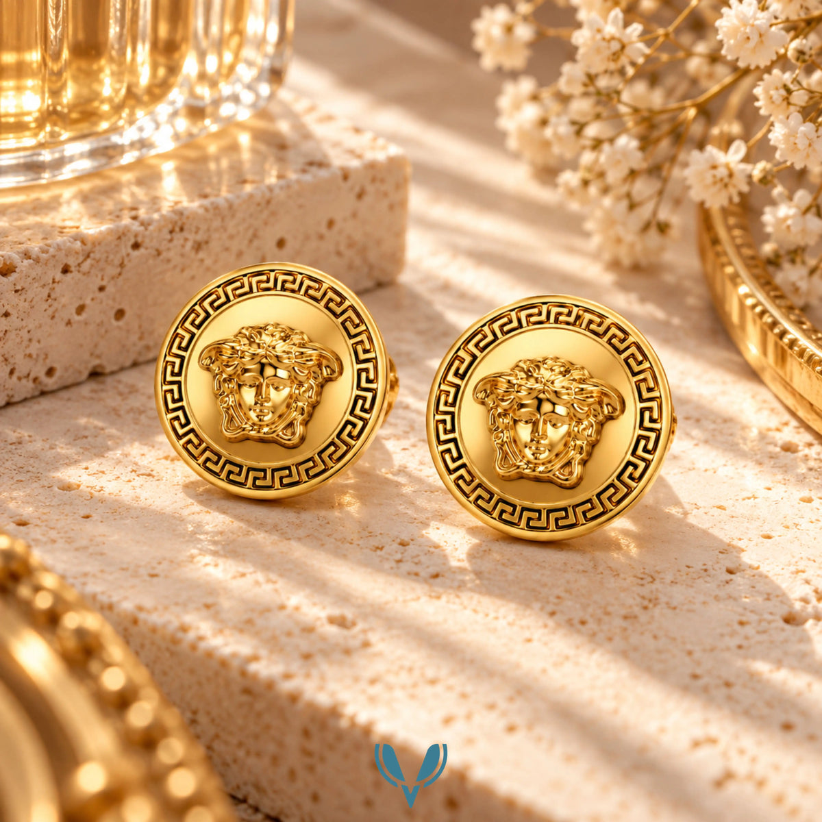 Gold Medusa Greek Key Stud Earrings