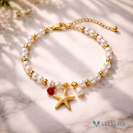 Gold Starfish Charm Pearl Bracelet