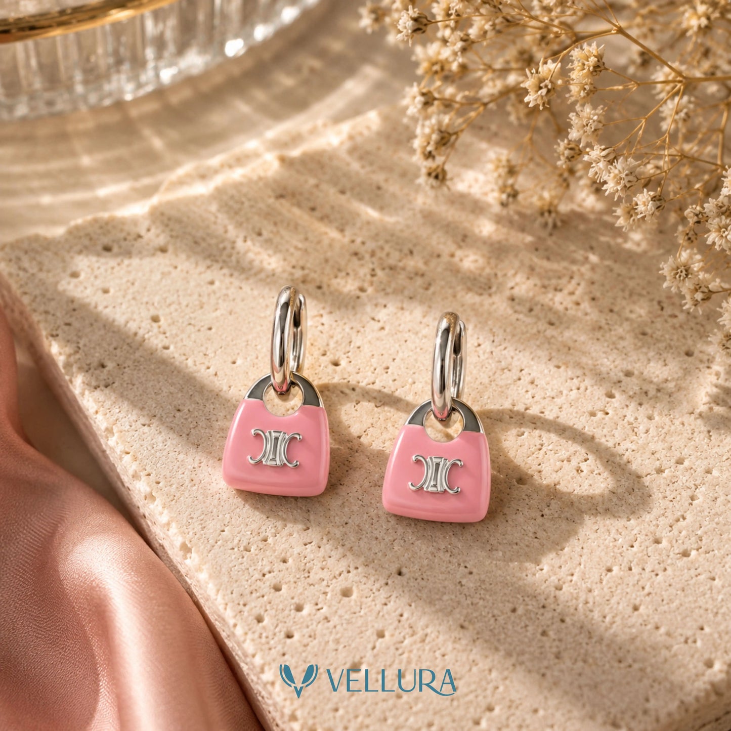 Designer Inspired Pink Handbag Hoop Earrings