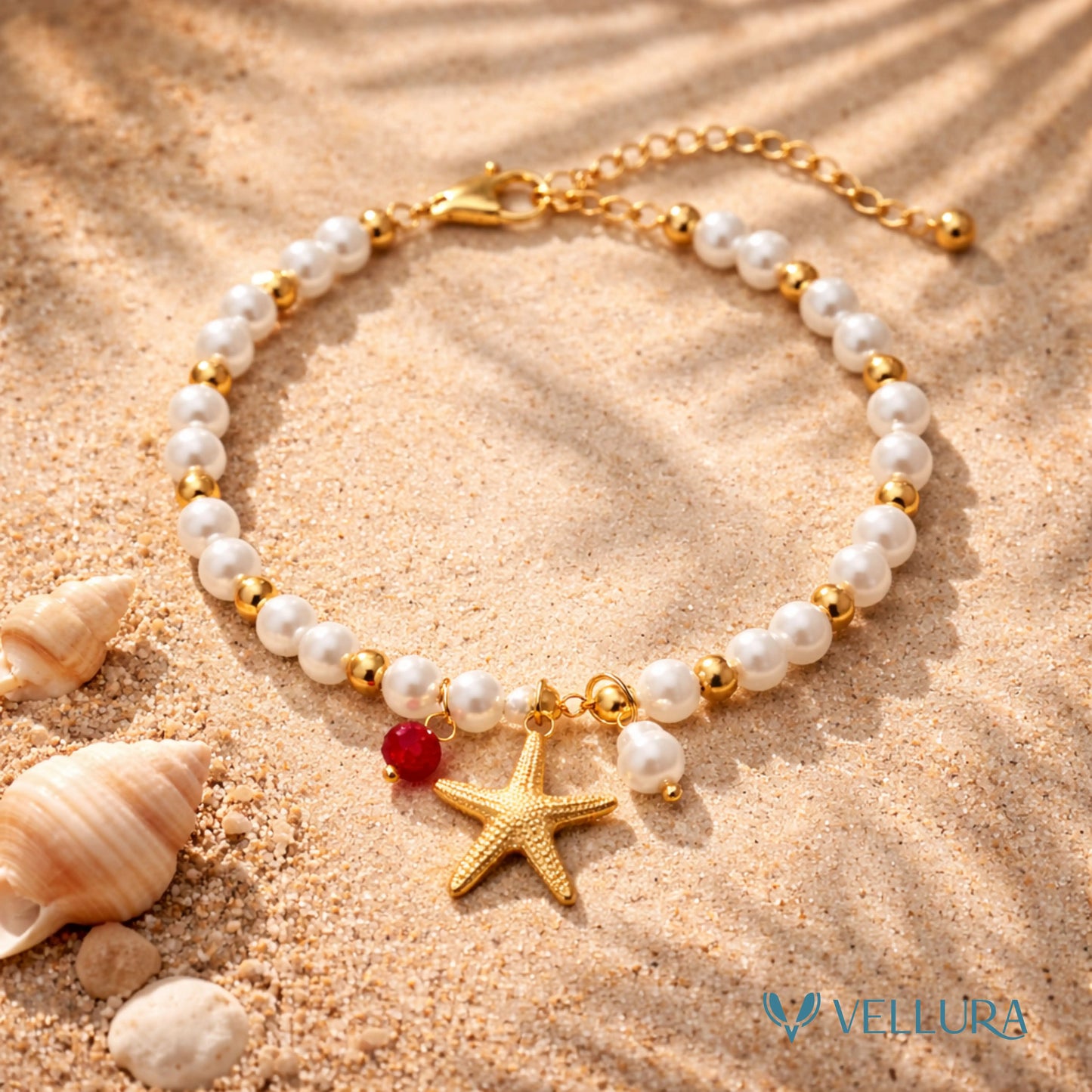 Gold Starfish Charm Pearl Bracelet
