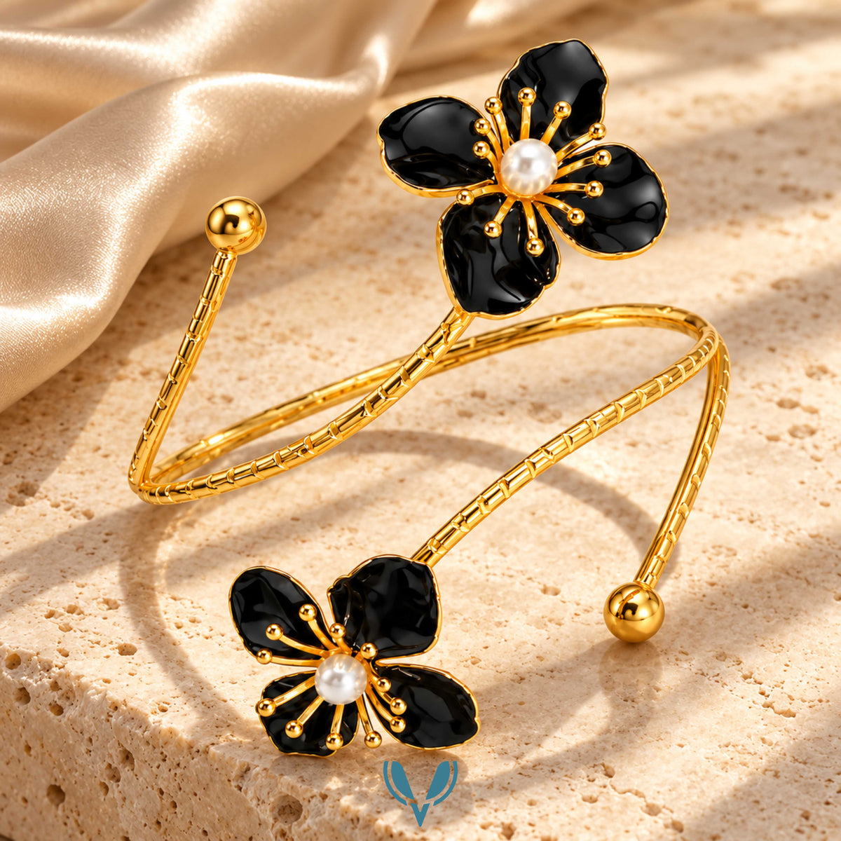 Gold Black Flower Pearl Spiral Arm Cuff