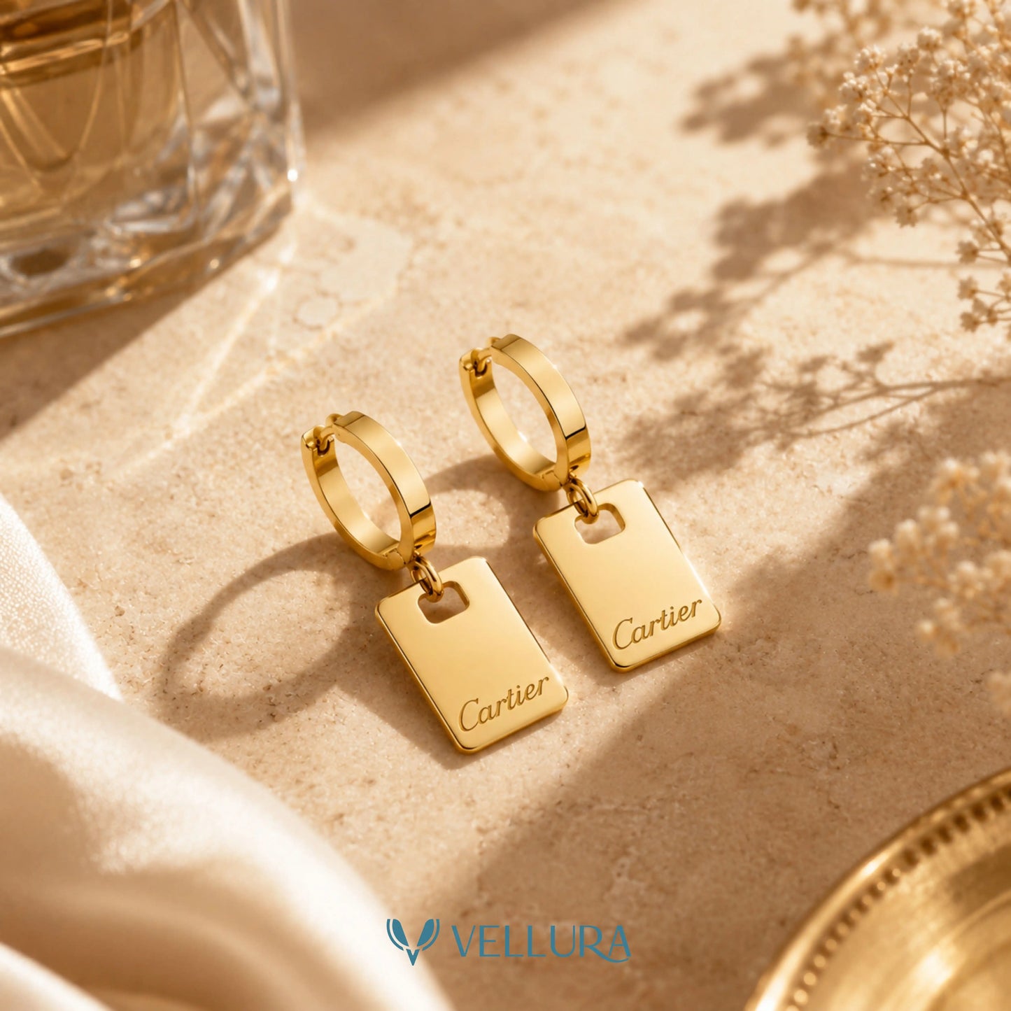 Cartier Inspired-Gold Tag Drop Earrings