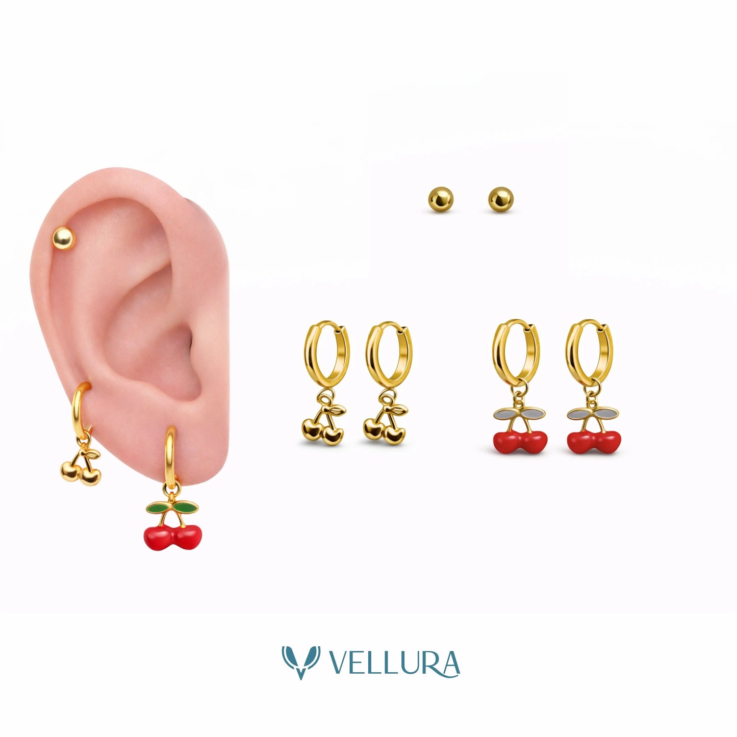 Cherry Earring Combo Set with Studs & Hoop Charms