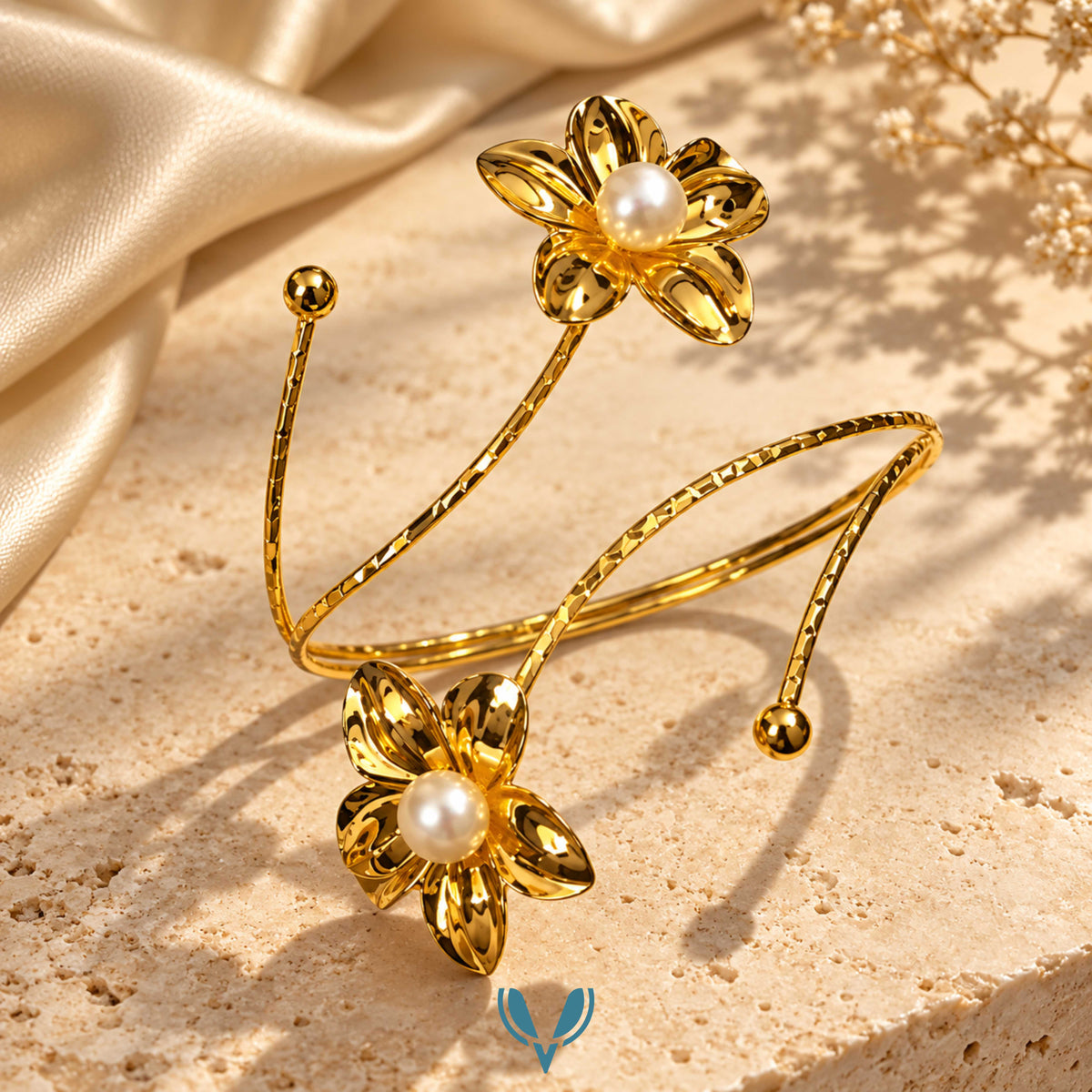 Gold Pearl Flower Spiral Arm Cuff