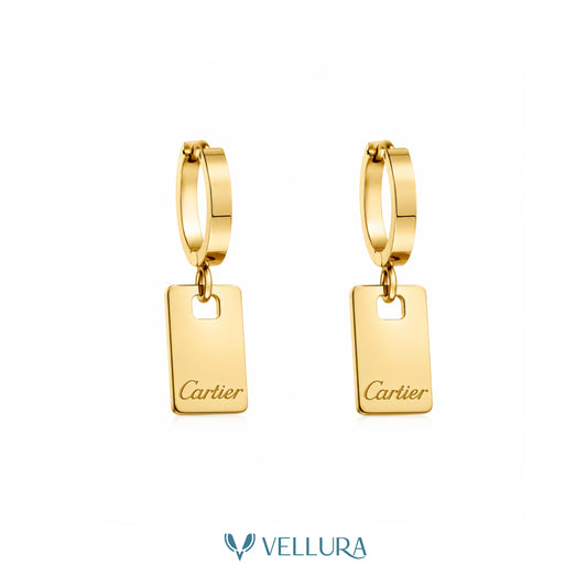 Cartier Inspired-Gold Tag Drop Earrings
