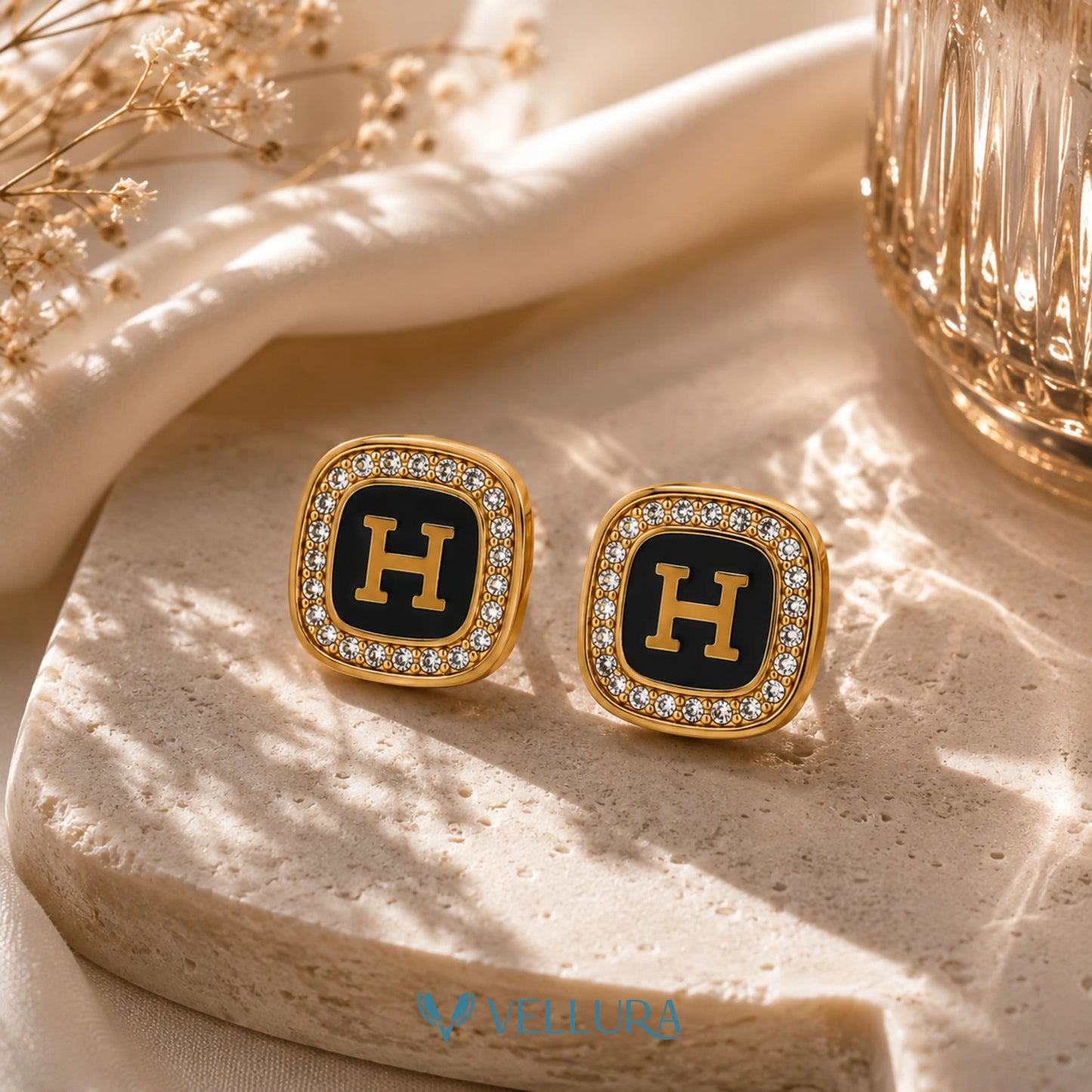 Designer Black Enamel Stud Earrings VEL-001