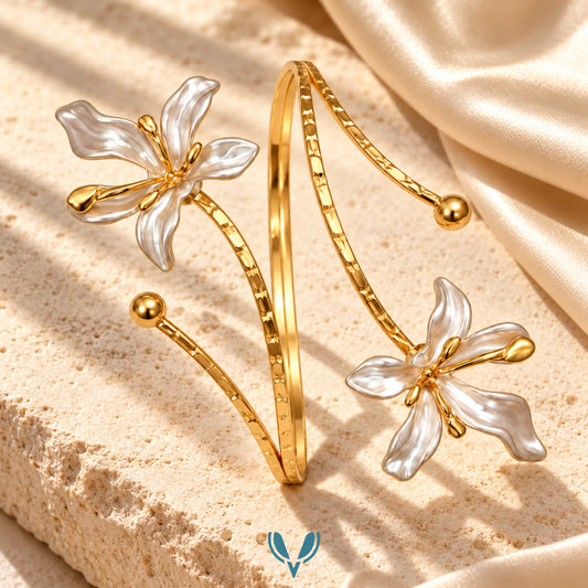 Gold Pearl Floral Spiral Arm Cuff