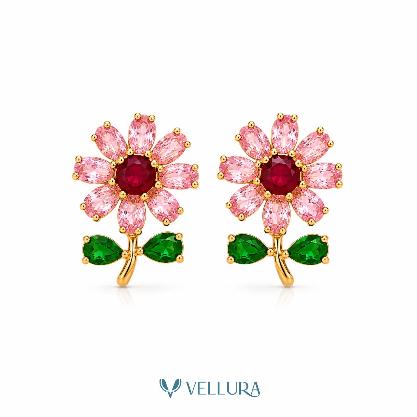 Pink CZ Floral Stud Earrings