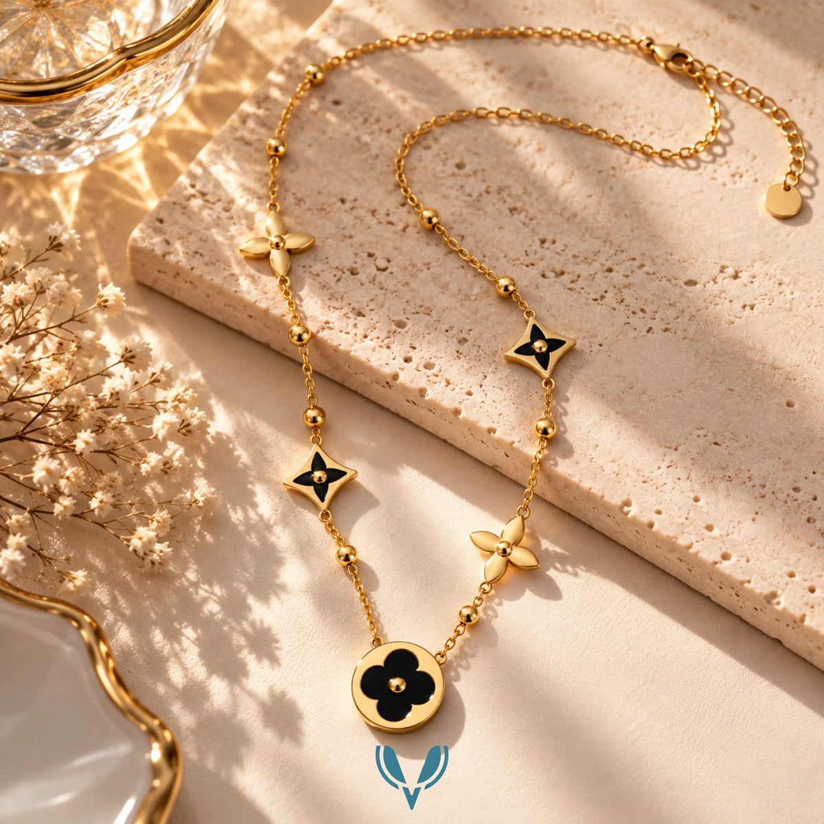 Gold & Black Floral Charm Necklace