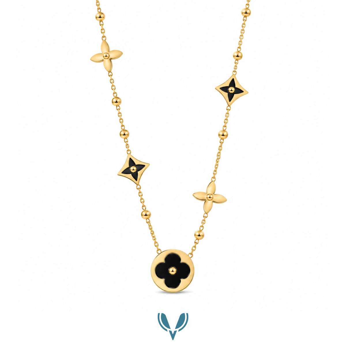 Gold & Black Floral Charm Necklace