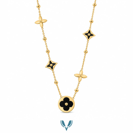 Gold & Black Floral Charm Necklace