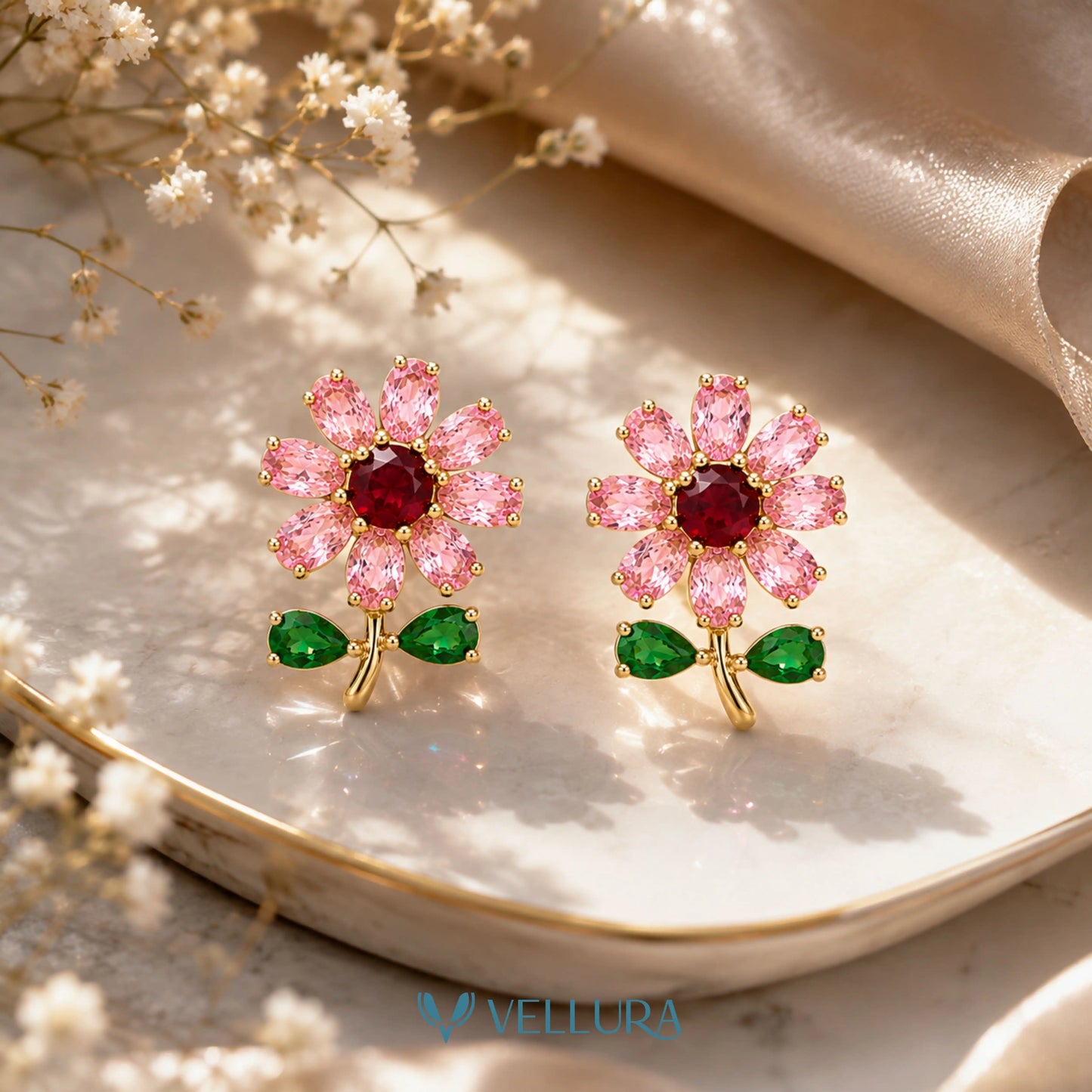 Pink CZ Floral Stud Earrings